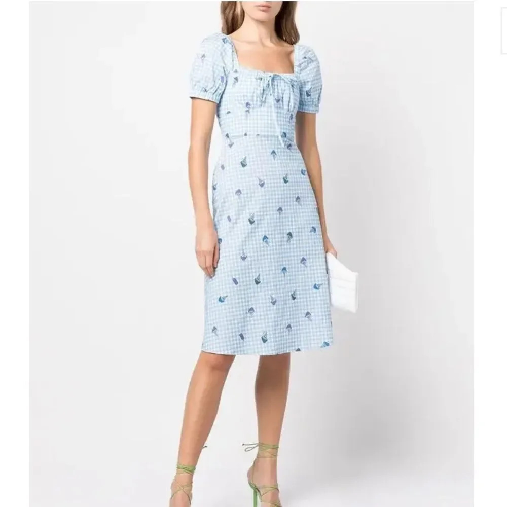 HVN Blue Holland Bow Tie Cotton‎ Gingham Midi Dress sz 2